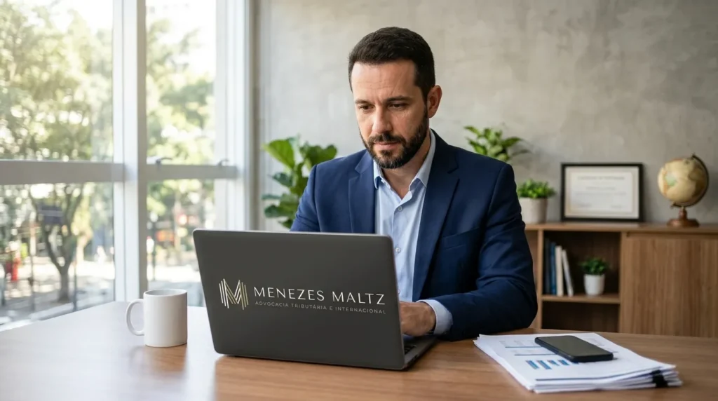 Brasileiro analisa dados financeiros no notebook pensando sobre imposto de renda exterior e tributação.