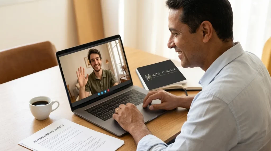 Pai no Brasil fazendo videochamada com filho fora, planejando doação para filho no exterior imposto.