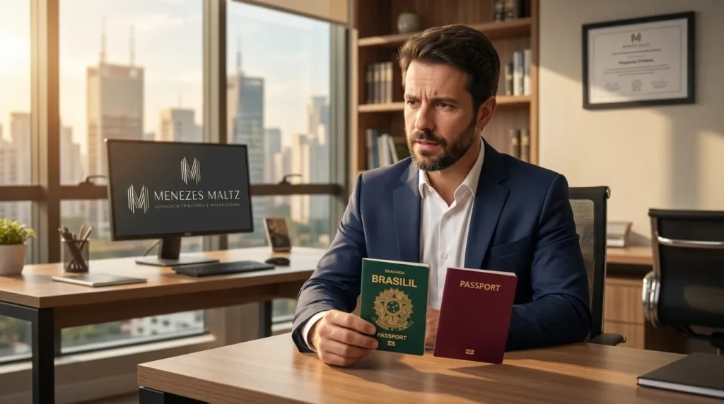 Brasileiro em escritório questionando se ter dupla cidadania gera residência fiscal automática.