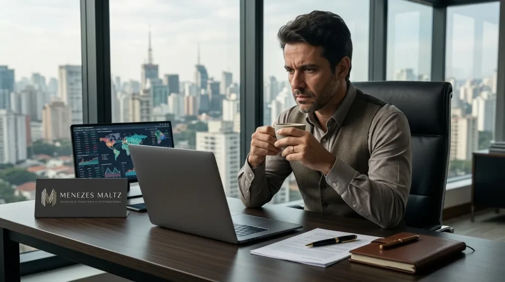 Empresário analisa dados sobre troca de informações fiscais em notebook.