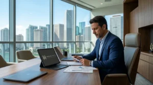 Empresario analisando tax residency eua brasileiro em escritorio moderno com vista para cidade.
