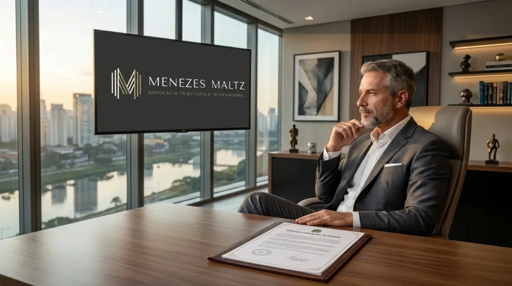 Empresário brasileiro em escritório de luxo assinando seu testamento vital para proteção do patrimônio.