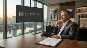 Empresário brasileiro em escritório de luxo assinando seu testamento vital para proteção do patrimônio.