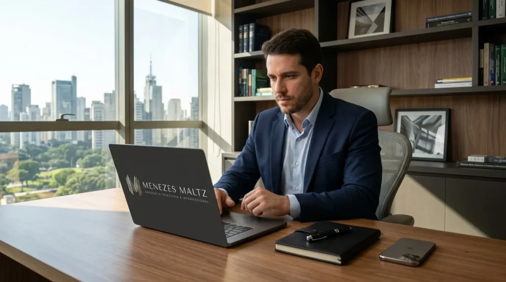 Empresário brasileiro em escritório planejando abertura de conta no exterior para diversificação de investimentos.