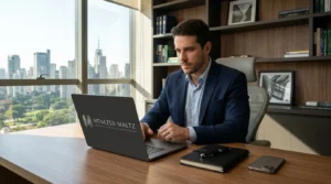 Empresário brasileiro em escritório planejando abertura de conta no exterior para diversificação de investimentos.